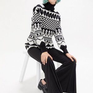 URBAN OUTFITTERS WOMENS SNYDER INTARSIA KNIT TURTLENECK SWEATER S BLACK & WHITE